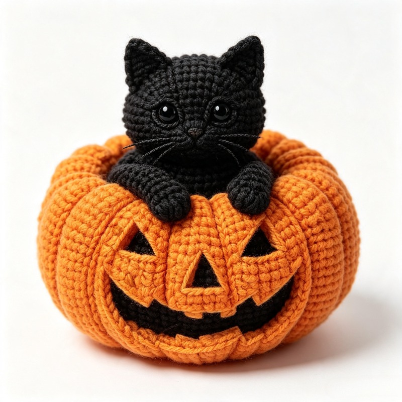 Image of Halloween Pumpkin Nest Black Cat Adult Hand Crochet Kit Set, Creative Holiday Gift, Tabletop Decor Ornament (not Finished Product, Crochet Required)