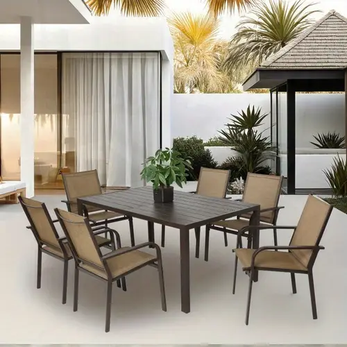 7pcs patio dining set outdoor furniture table and 6 chairs outdoor furniture with rectangular table and 6 stackable chairs family conversation set for garden backyard deckbrown