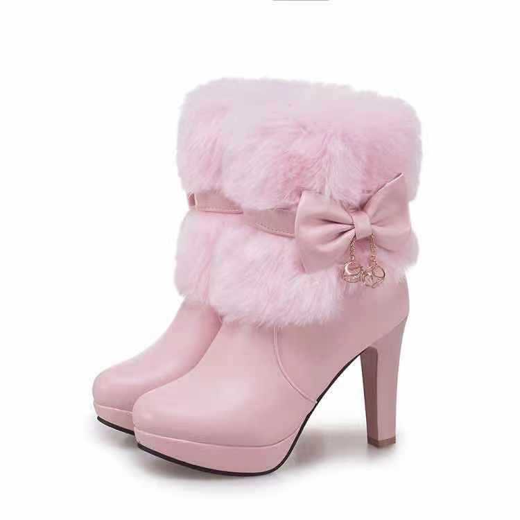 Women'S Winter Warm Fleece-Lined Ankle Boots with Plush Furry Collar & Bowknot - Chunky Heel, Round Toe, Zipper Closure, Lightweight Durable PU Cover, Cushioned Insole & Arch Support - Elegant Cold-Proof Boots for Outdoor Walking, Casual & Formal Ou