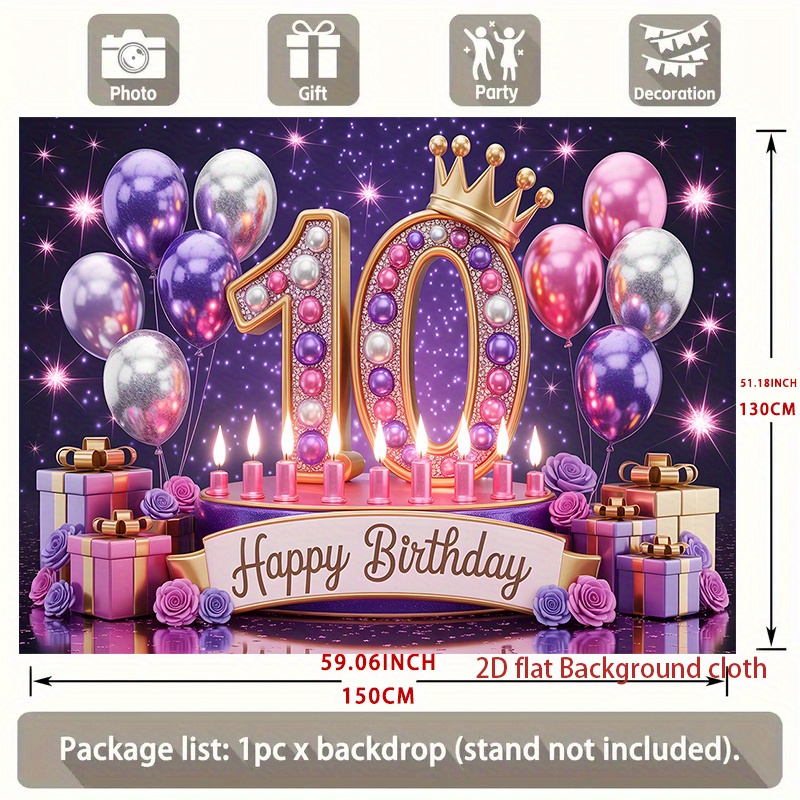 Image of 2d Flat, 1pc Ysw 10th Birthday Banner With & Balloons - Purple & Multicolor Party Decorations Suitable For Home, Room, Wall, Birthday Party Backdrop - Print -to- Years Celebration Decor, 2d Flat