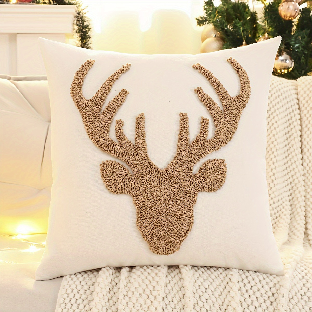Image of Christmas Reindeer Embroidered Canvas Pillowcase Living Room Bedroom Decor