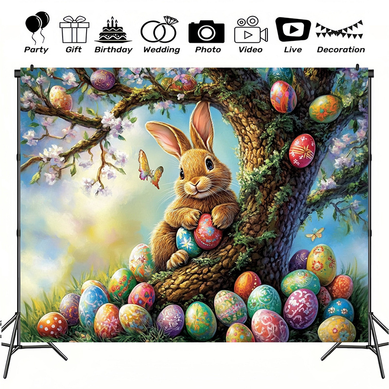 

1pc Easter Rabbit Egg Photography Backdrop - Large Polyester Cloth For Indoor And Outdoor Parties, Home Decor & Studio Props, Garage Door Hanging Banner, Photographic Cloth, Banners