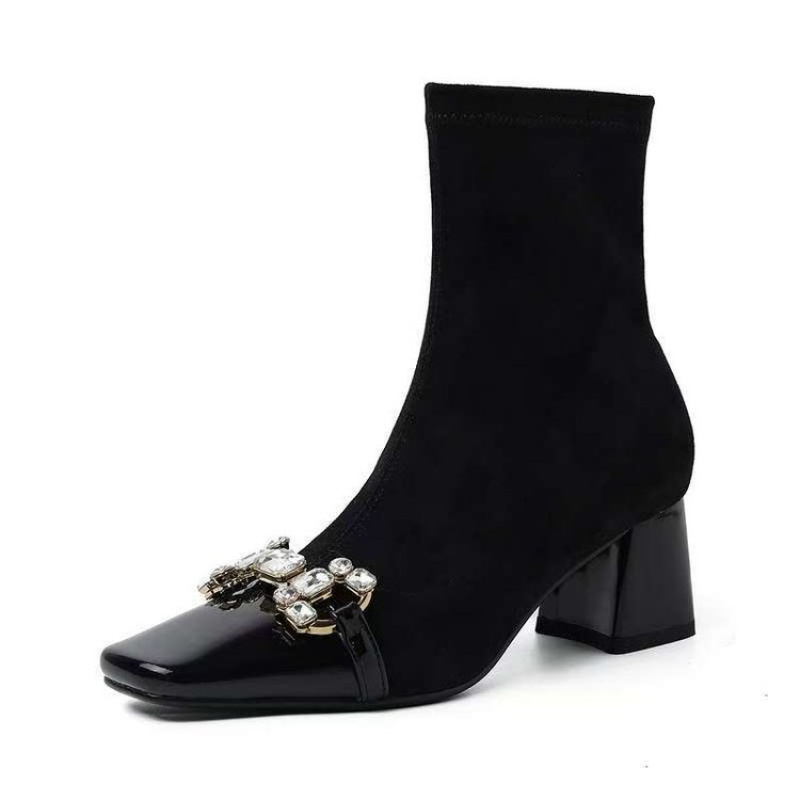 TEMU Square-toe High Heel (6-8cm) Short Boot With Chunky Heel, Boot With Side Zipper And Rubber, Women Shoes