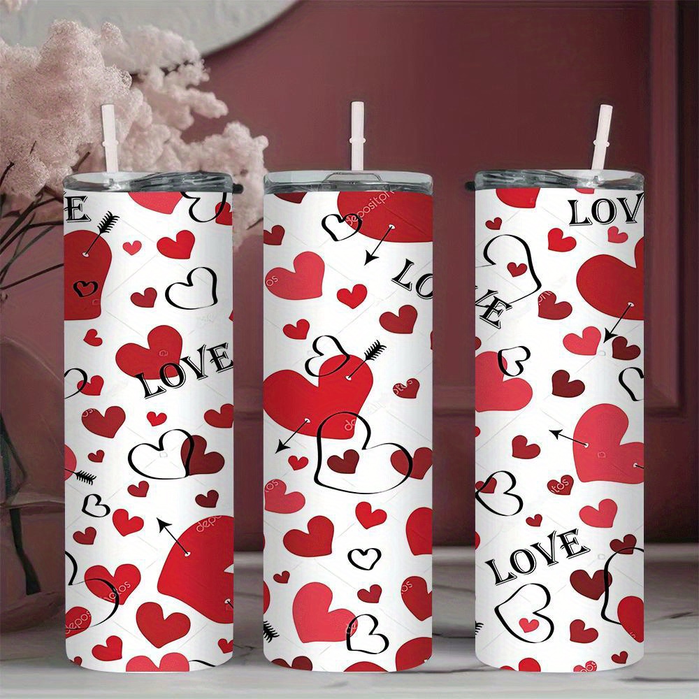 

1pc 20oz Stainless Steel Insulated With Straw - 's Day & Christmas Design, Love-themed , Ideal For Cold Beverages, Unique Gift Idea