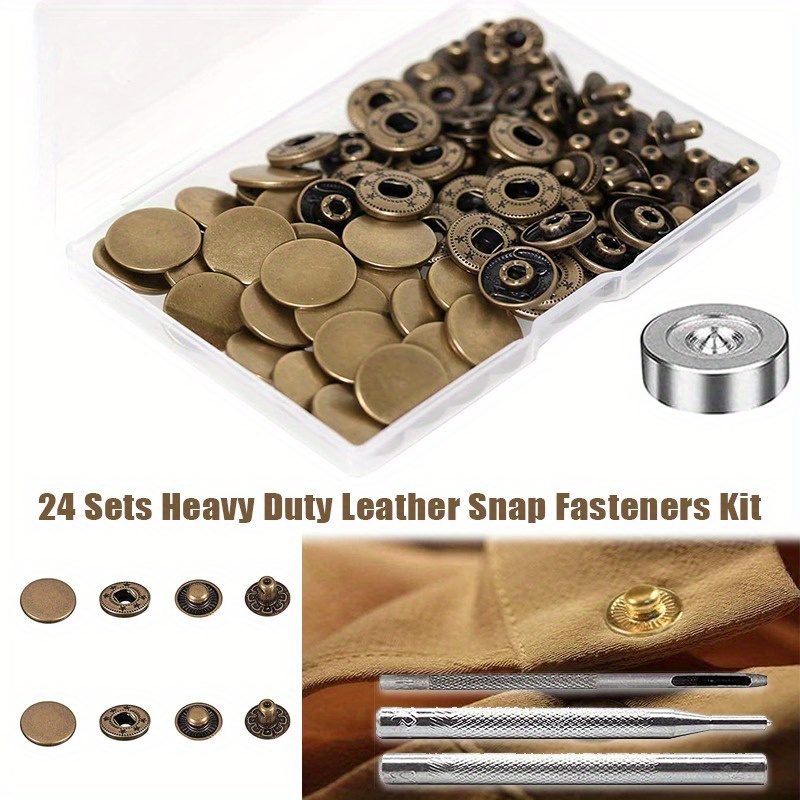 

24 Sets Leather Snaps Fasteners Kit, 17mm Heavy Duty Metal Snap Buttons Press Studs Leather Rivets Snaps With 4 Setter Tools For Clothes Bracelet Jackets Jeans Fabric, Antique Brass