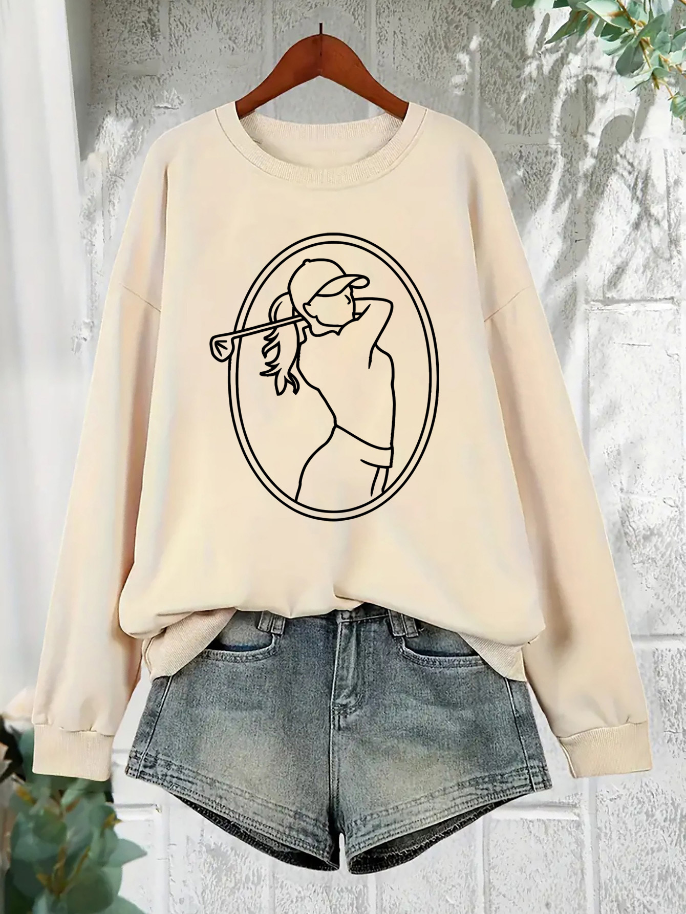 womens golf logo printed sweatshirt featuring a stylish and elegant design long sleeves pullover style knitted fabric polyester round neck stretchy casual sportswear for adults