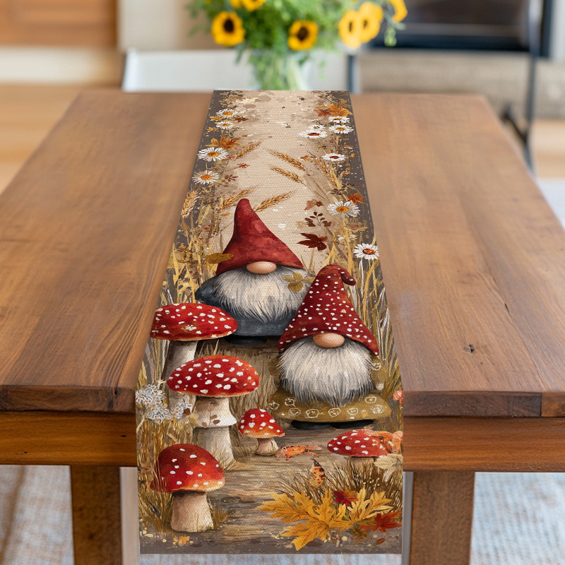 TEMU Rustikaler Tischläufer mit Gnom & Pilz sowie Gänseblümchen-Weizenernte-Dekor – Erdton, geeignet für Herbst, Thanksgiving, Bauernhaus-Tischdecke