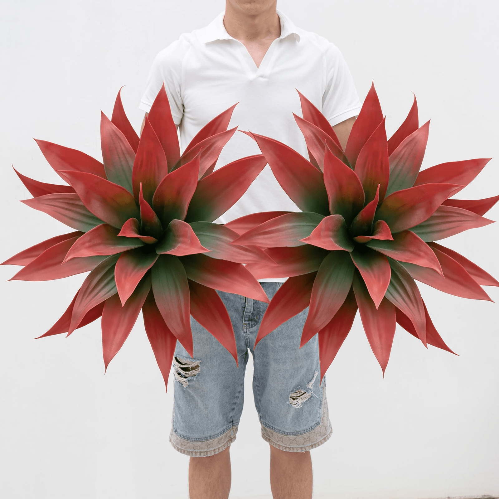 Image of A Lifelike Artificial Agave Plant Featuring A Bent, Stem, Ideal For Crafting And Enhancing Indoor And Outdoor Green Decor. As A Single Piece, In Red, With 22 Leaves