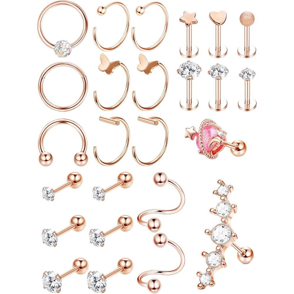 25pcs Cartilage Earrings Stainless Steel Studs Hoops With Cubic Zirconia Star Heart | For Daily And Party Occasions, Synthetic Zirconia, Brand: Milacolato