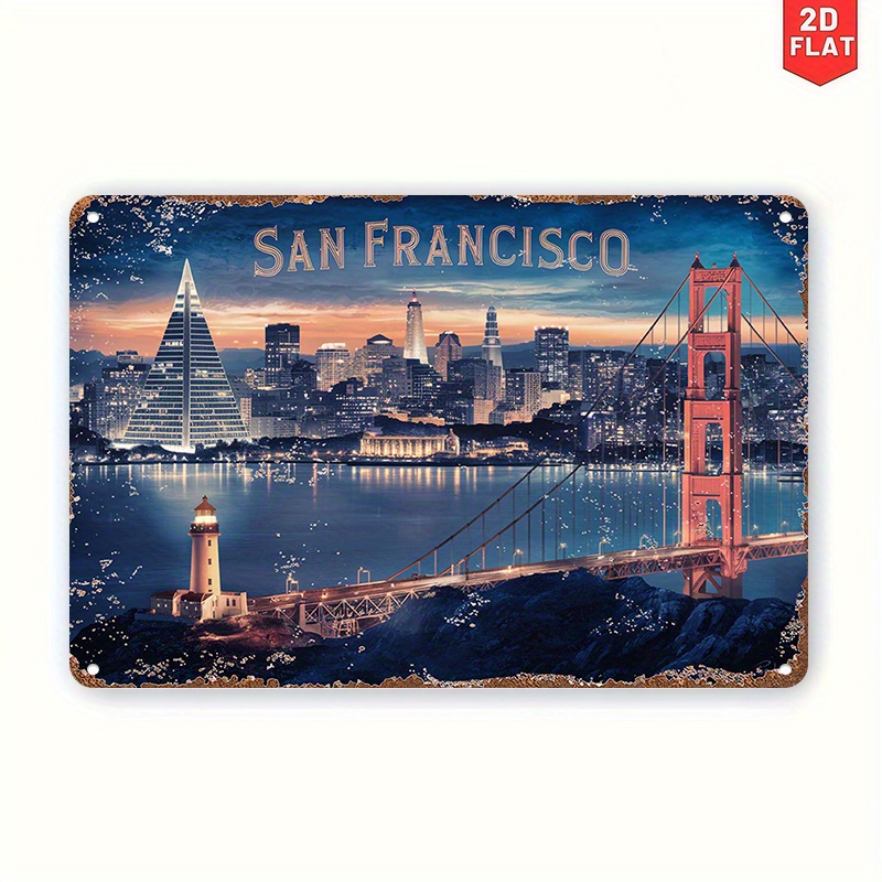 TEMU mural plat 2D - Panneau mural en métal représentant une scène vintage de San Francisco en design plat 2D - Mesure 8X12 pouces et met en valeur
