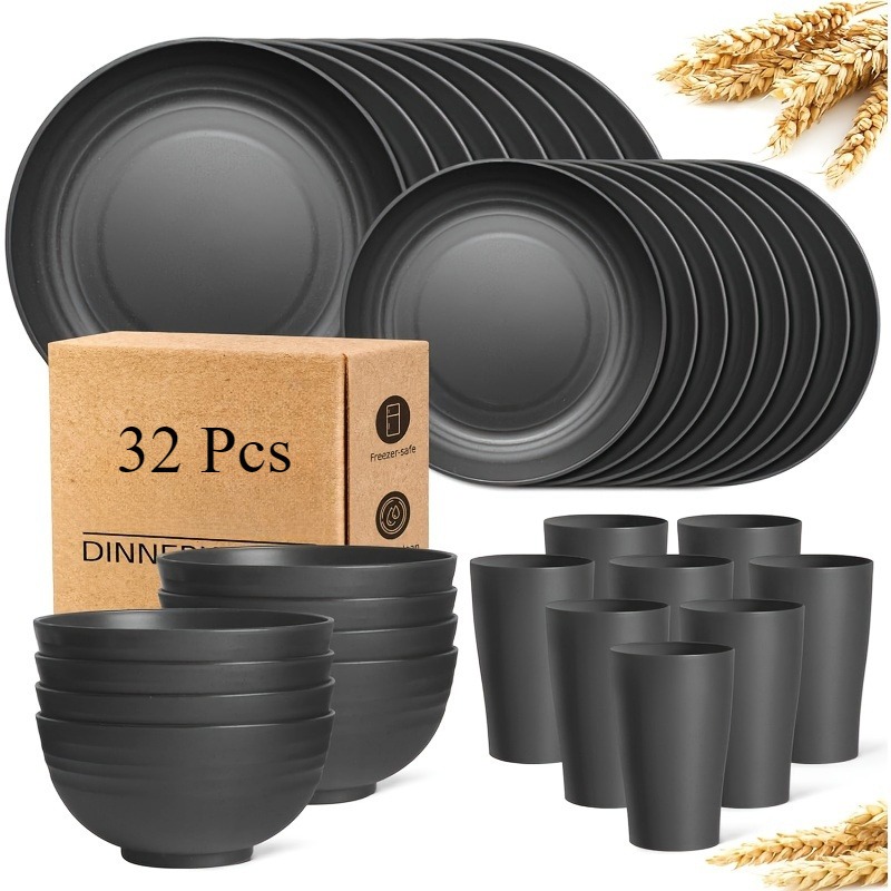 Temu – TEMU 32/16pcs Wheat Straw Dinnerware Sets, Plates And Bowls Sets For 8, Black Plastic Dinnerware Sets, Microwave Dishwasher Safe Plates, Dishes Set