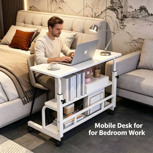 1pc White Size 80.01cm X 40.01cm X 89.99cm Lockable Rolling Adjustable Computer Desk, Storage Design, Study Table, Universal for Bedroom Study Bedside Office Learning, Adjustable Height, Smooth And Stable Movement