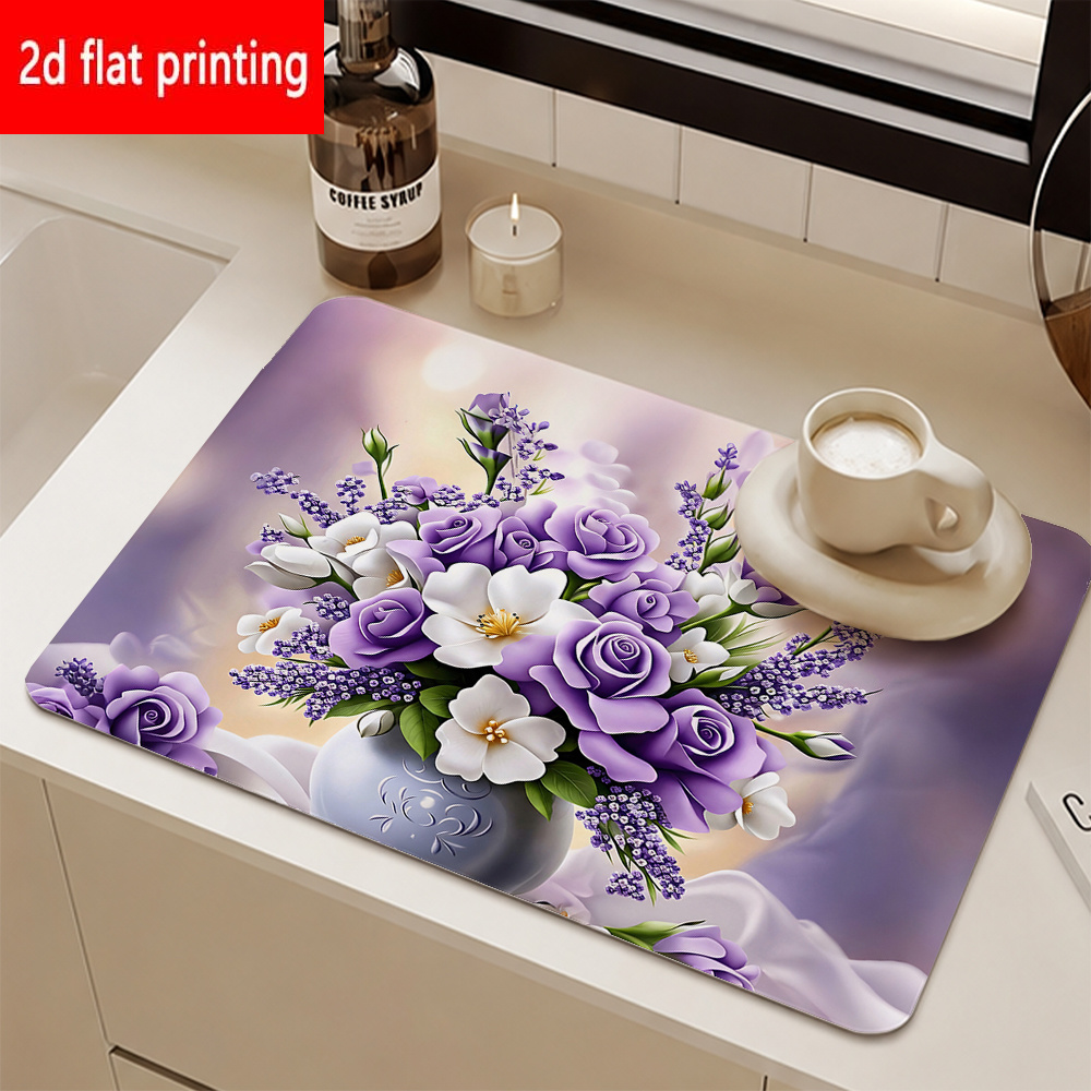 TEMU 2d Flat Printing, 1pc, Purple Charm Floral Absorbent Placemat, Printed With Purple Flowers, White Flowers, And Lavender With Green Leaves. Used