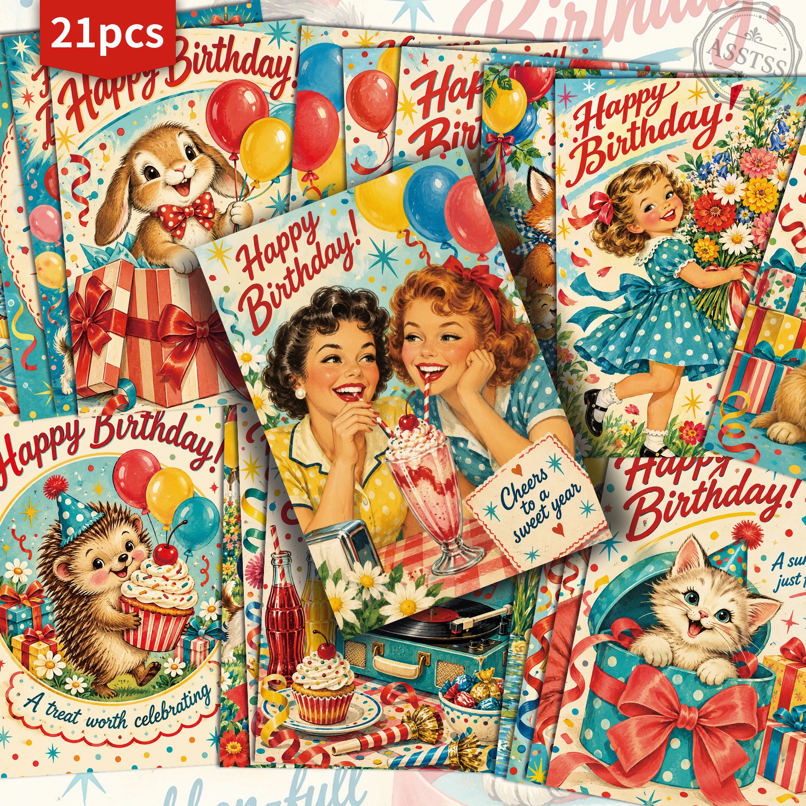 TEMU 21-pack Asstss Vintage 1950s American Birthday Postcards - 4x6 Inches Junk Journal Supplies, Classic Pinup Illustrations Collectible Decorative