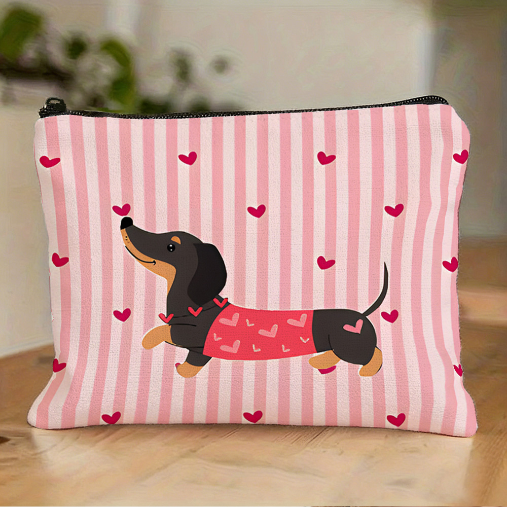 TEMU 1 pieza, Neceser de maquillaje con perro salchicha de a rayas verticales rosas y blancas, estampado de cachorro con temática del Día de San