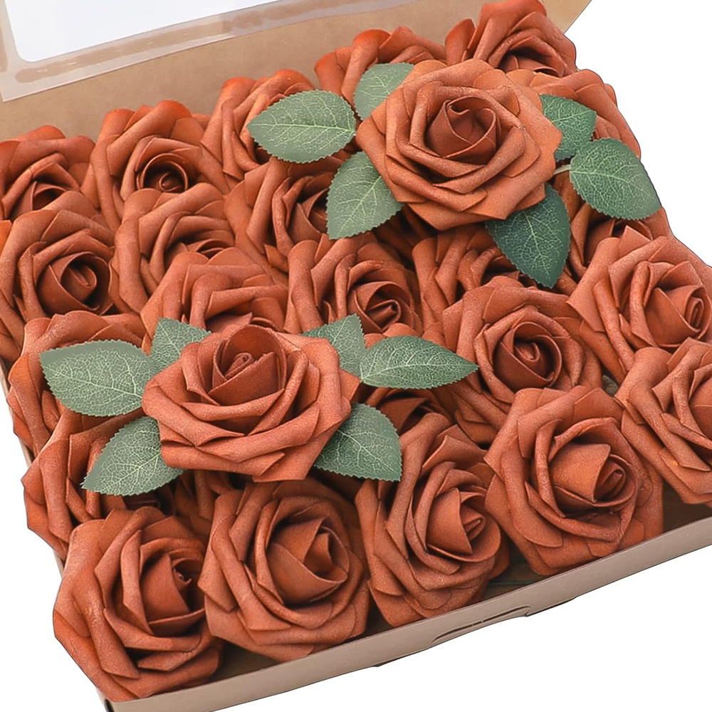 TEMU 24pcs Set Of Clay Orange Foam Artificial Roses | Includes 22 Stemmed Artificial Roses + 2pcs Of Artificial Green Leaves | Autumn Materials For