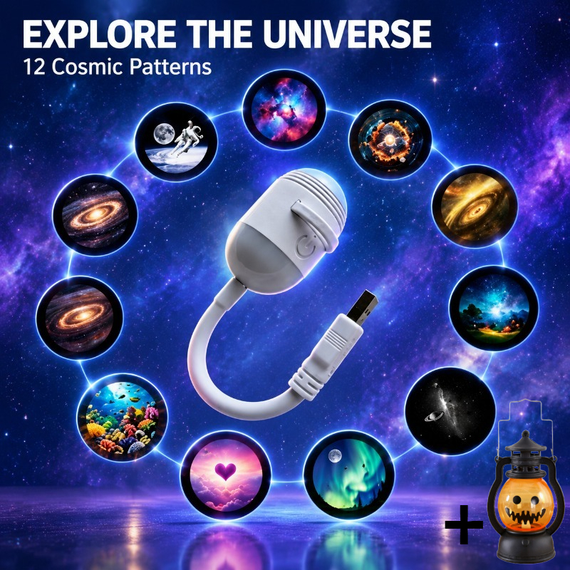 TEMU 12in 1 Nebula Pattern Projection Decor With Halloween Ornament, Usb Operated Starry Sky Projection Decoration, 360° Adjustable Flexible Neck,