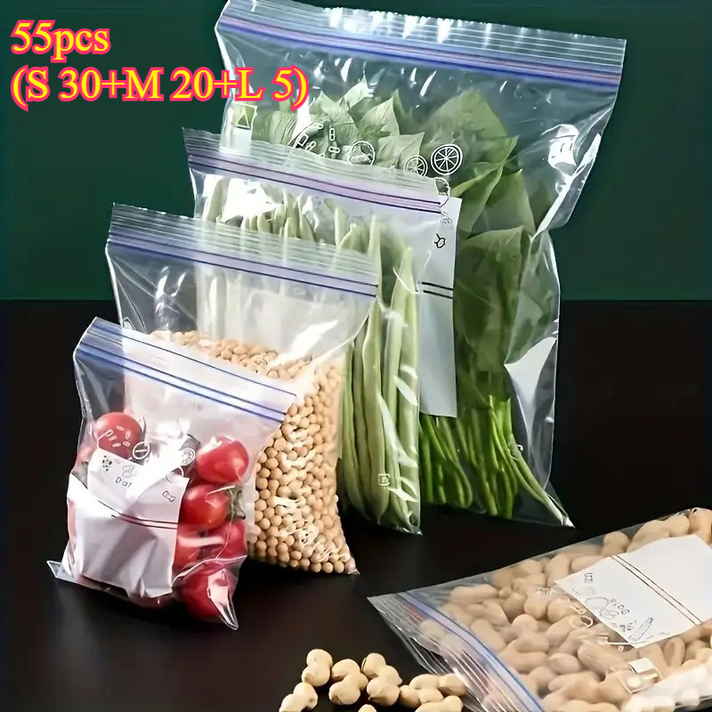 55 Stück (S 30+M 20+L 5) Lebensmittelechte, dicke, transparente Konservierungsbeutel, wiederverwendbare Lebensmittel-Aufbewahrungsbeutel, Plastik-Frostbeutel, staubdicht, feuchtigkeitsbeständig,