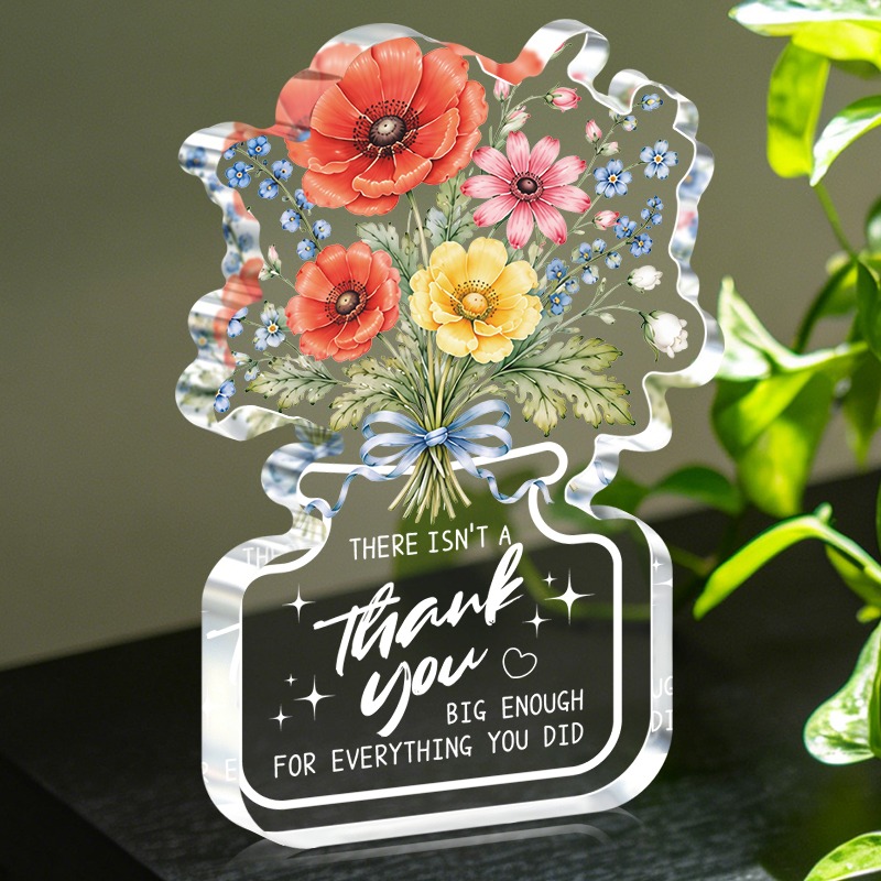 TEMU 1pc Acrylic Decorative Sign And Plaque In Of A Bouquet Vase Features The Inspirational Quote, "no Amount Of Thanks Can My Gratitude." It's For