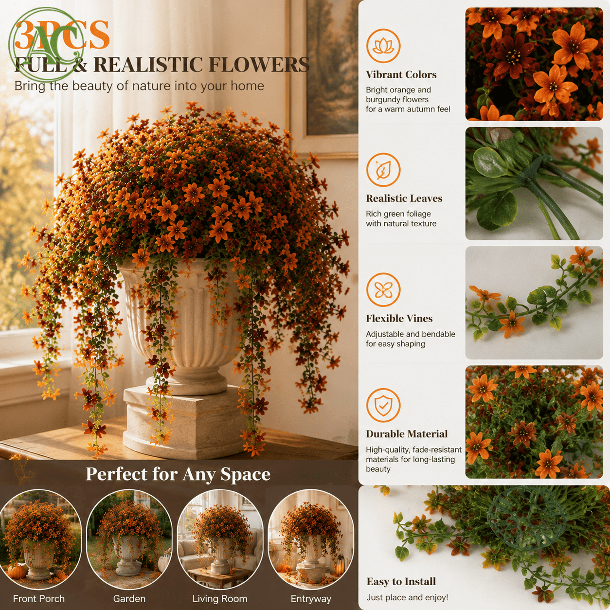 TEMU 3pcs Artificial Autumn Flower Vines, Featuring Orange Trailing Plants With Green Leaves. Realistic Autumnal Floral Decorations Are Suitable For
