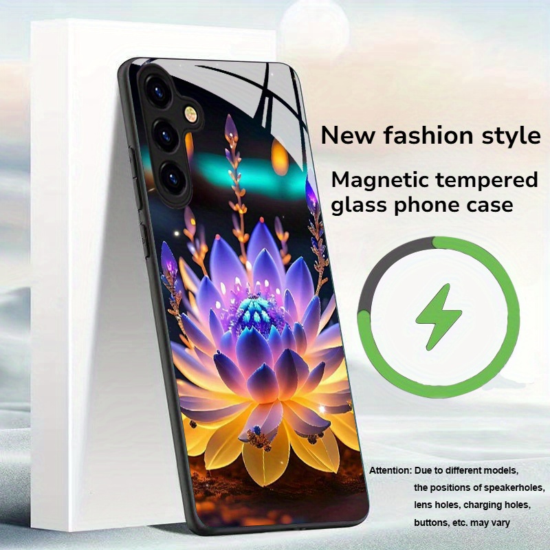 TEMU Phone Case: Innovative Fashion Glowing For Lotus Design Magnetic Tempered Glass Phone Case, Suitable For For Galaxy