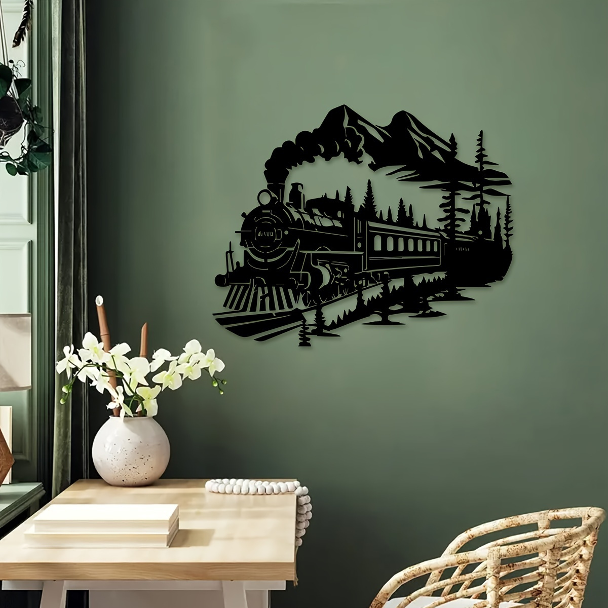 Image of Vintage Train Metal Wall Art Sculpture – Elegant Railroad Decor With Scenic Mountain & Forest Design, Bar, Kitchen, Living Room, Or Office Decoration, Metal Wall Art Decor