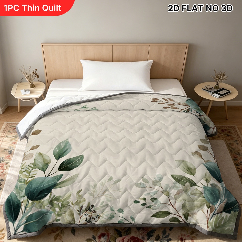 TEMU (2d Flat) 1pc Cooling Summer Quilt With Watercolor Leaf Frame Motif, Slim, Soft, And Lightweight Blanket, Perfect For Bedrooms, Dorms, Single Or