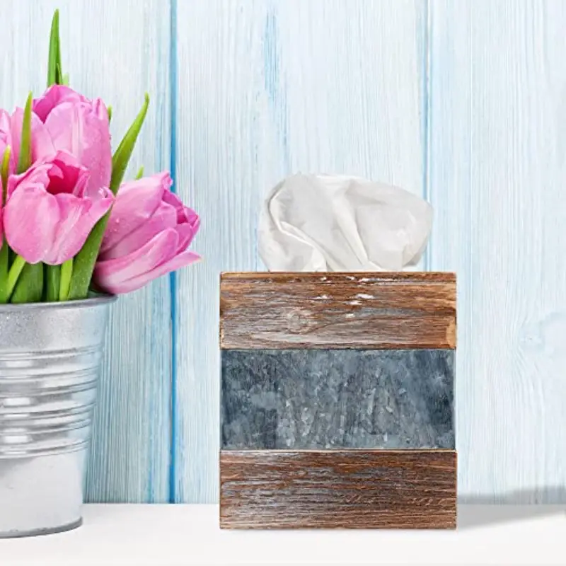 rustic metal & square tissue box cover - farmhouse bathroom decor with antique , 6x6x6 inch decorative holder for tissues, country home décor, sturdy metal frame & wood , space-saving tissue dispenser for living room, bedroom, or bathroom - easy to clean, versatile storage solution, rustic charm with texture, durable metal construction, modern or vintage , tissue box with storage, bathroom tissue Product details 1
