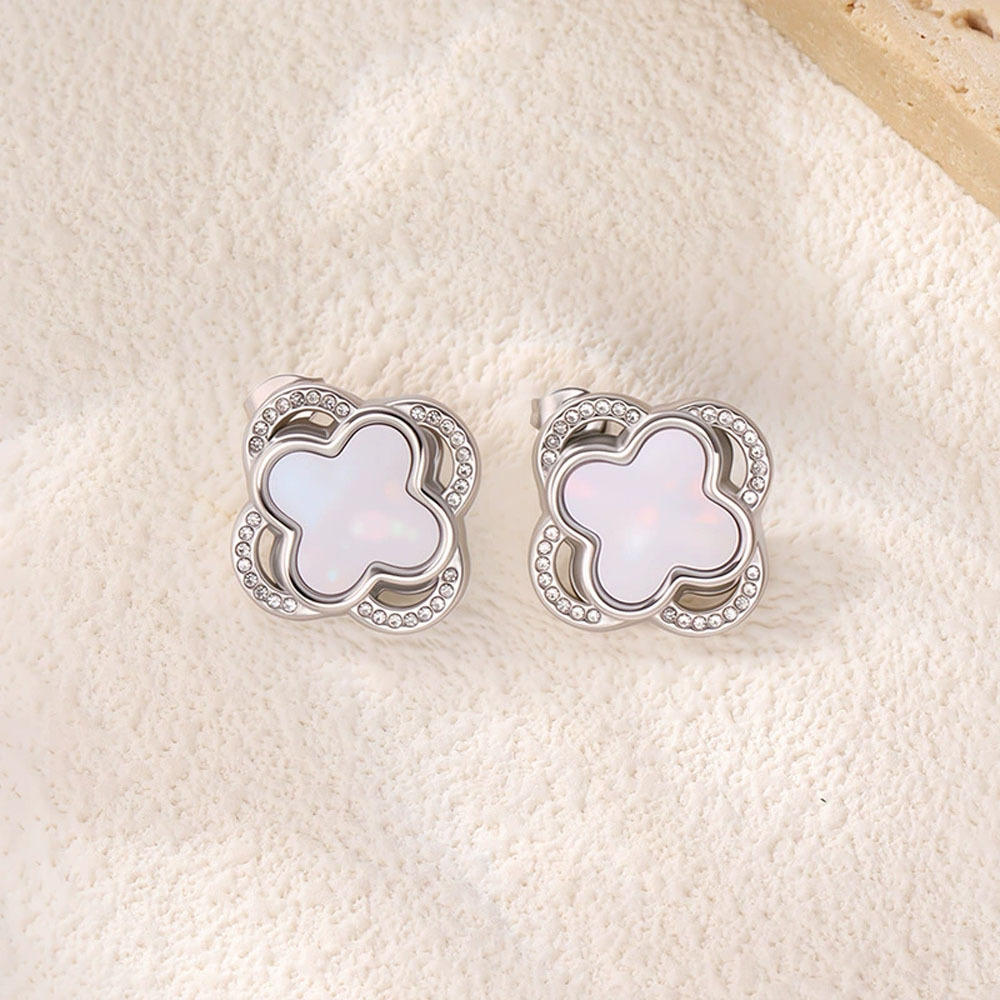 TEMU 2er-Set Glücks-Vierblättriges-Kleeblatt-Steckerohrringe, weißer glänzender silbriger Luxus-Ohrschmuck für den , Hochzeiten, Partys, elegante