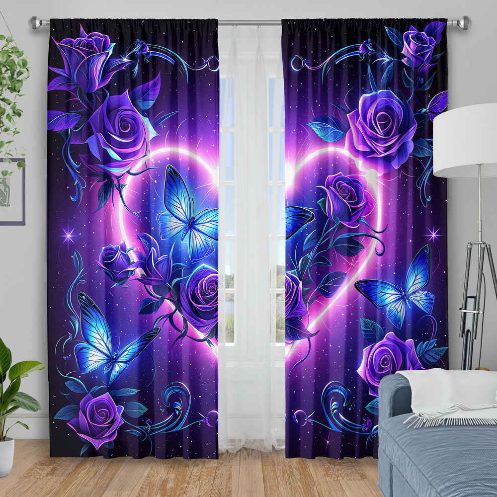 TEMU 2pcs Curtain Fabrics, Insulation Blackout Curtains For Bedroom, Purple Rose Print, Fantasy Flower Animals Window Products, Polyester Machine