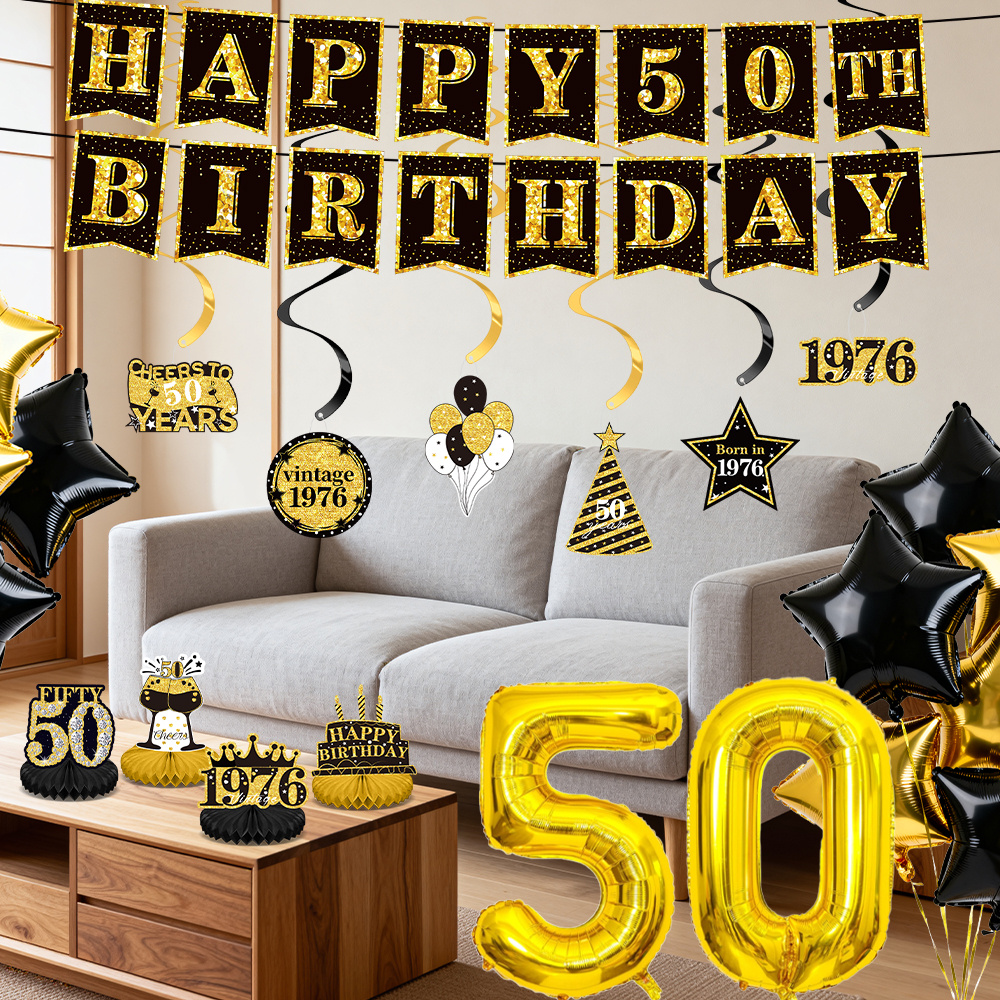 Image of 36pcs 50th Birthday Decorations And 50th Birthday Party Supplies For Men, Set With 2 Banners, 4 Centerpieces, 6 Paper Cards, 6 Hanging Swirls, 16 Foil Balloons And 2 Accessories I Halloween I Navidad