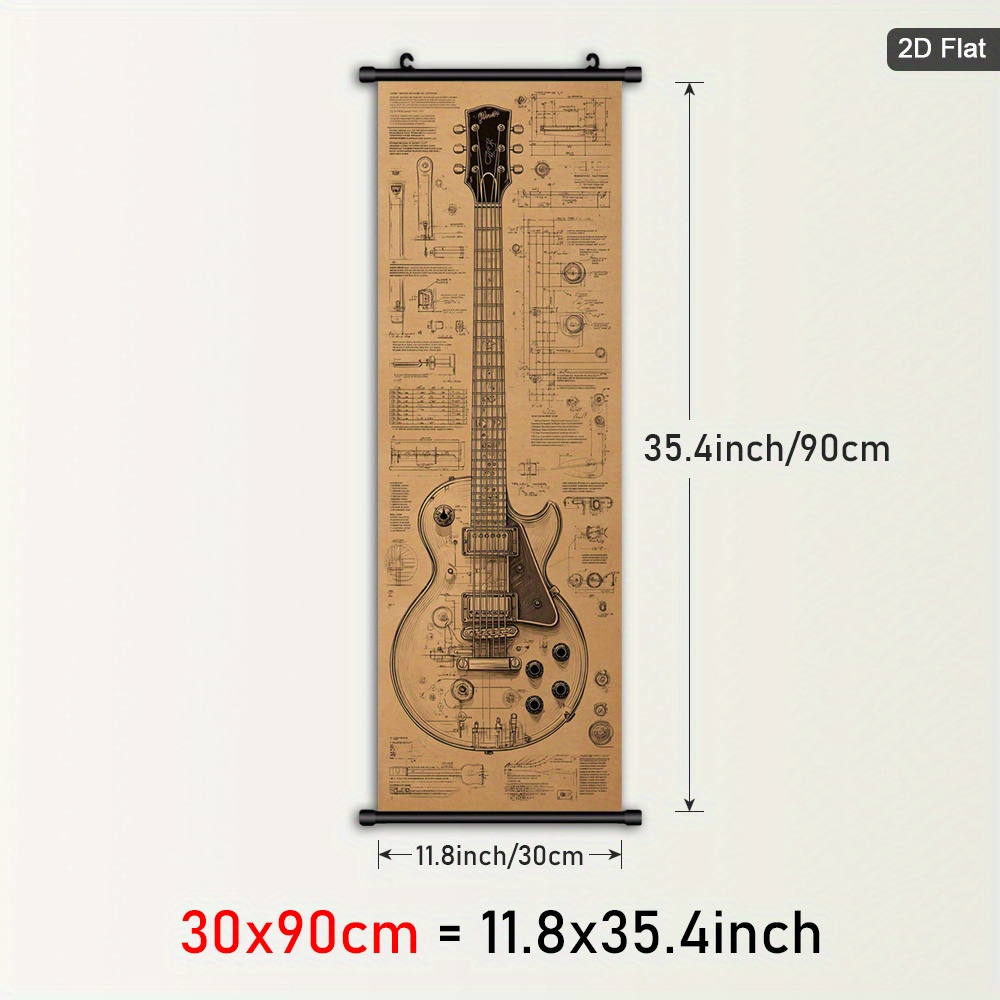 TEMU 2d Flat, 2d Flat, Framed Poster Of A Guitar Sketch, Featuring A Blueprint On Canvas, Perfect For Modern Home Decor. This Includes A Plastic