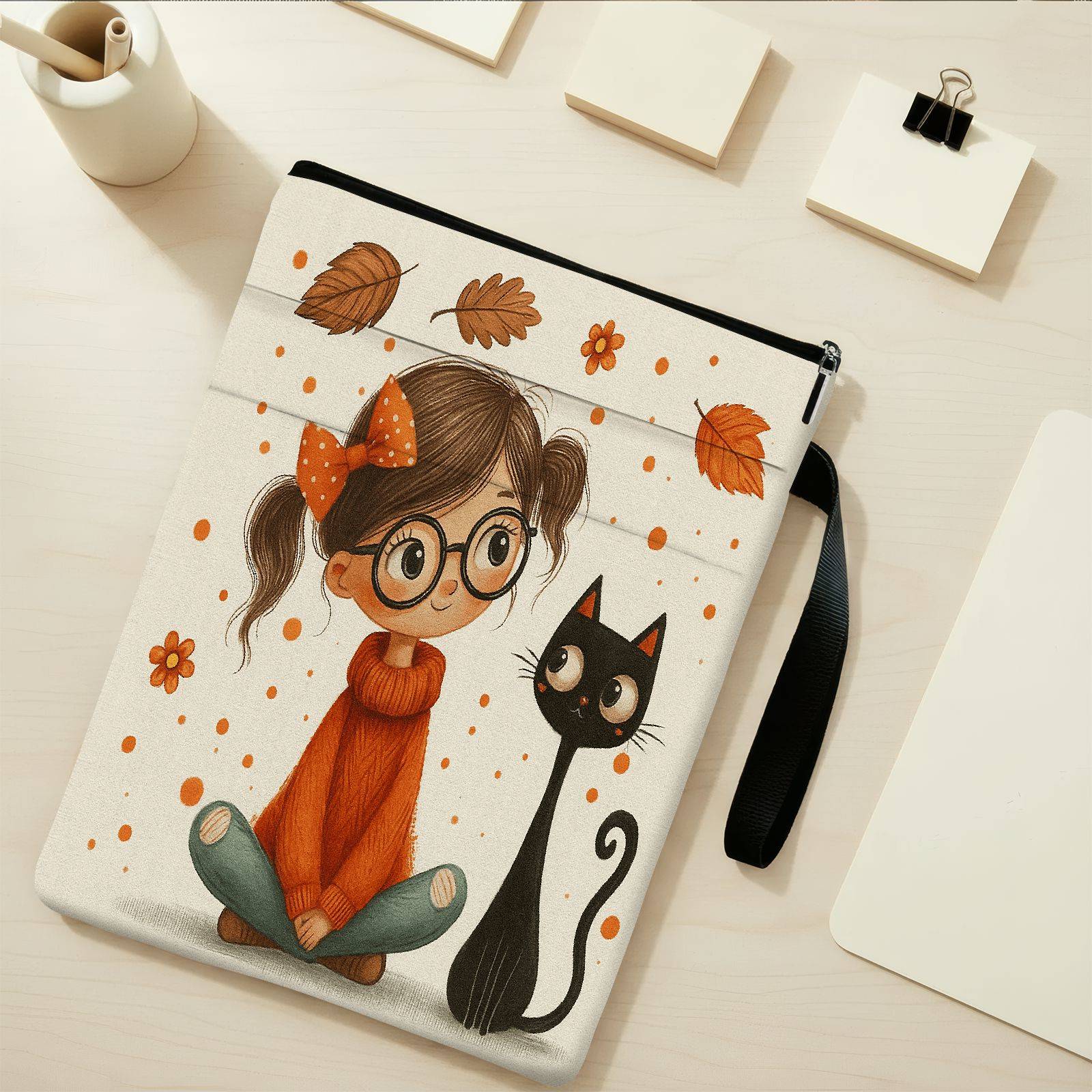 TEMU 1 pz per libro a tema autunnale con gatto e cerniera - Protegge e funge da borsa portaoggetti, frontale per studenti, insegnanti e articoli da