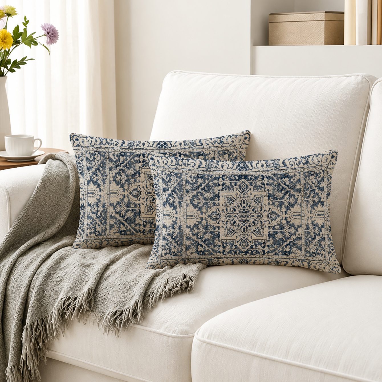TEMU 2pcs, Blue And White Distressed Persian Rug Pattern Printed Pillowcases, Printed Design – Non-textured, Single-sided Print, Zipper Closure,