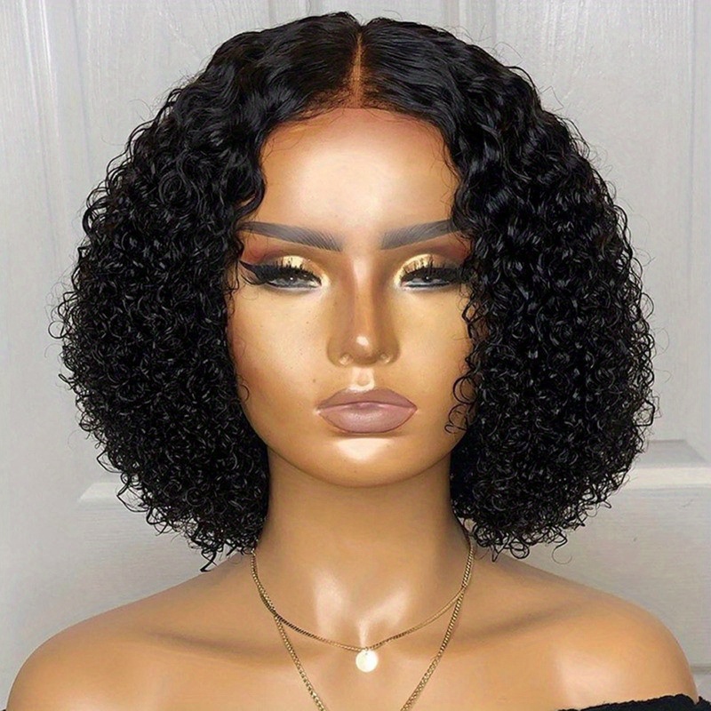 TEMU Chic Black Curly Wig For Women - Short, Natural-looking Synthetic Hair With Middle Part, Heat Resistant,