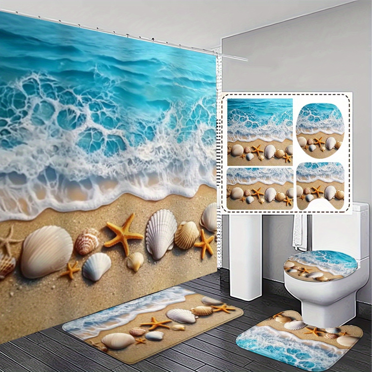 TEMU Rideau de douche plat 2D, 4 pièces, sur le thème de la plage, avec impression plate 2D, assorti à 12 crochets de C. Et couvercle de couvercle de