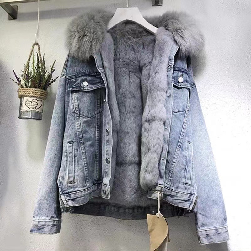 

New Winter Velvet Denim Jacket, Casual Retro Jacket With Fur Collar, Thickened Denim For Women