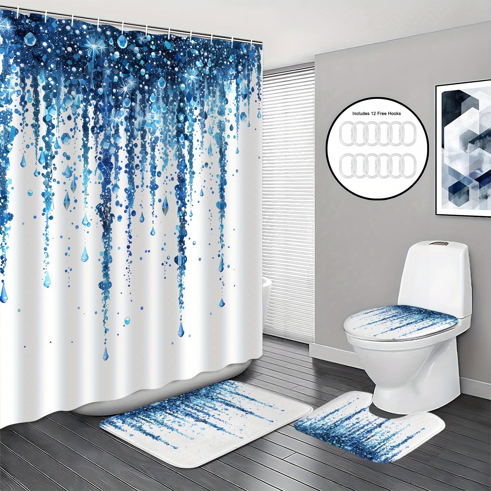 Geometric discount Blue Shower Curtain Sets with Non-Slip Rugs,Toilet Lid Cover a