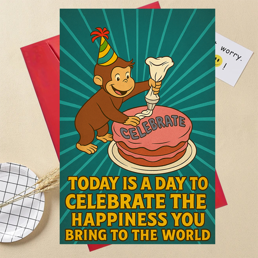 TEMU 1pccurious Monkey Celebration Greeting Card For Birthday Party Cartoon For Congratulations Or Special Occasions