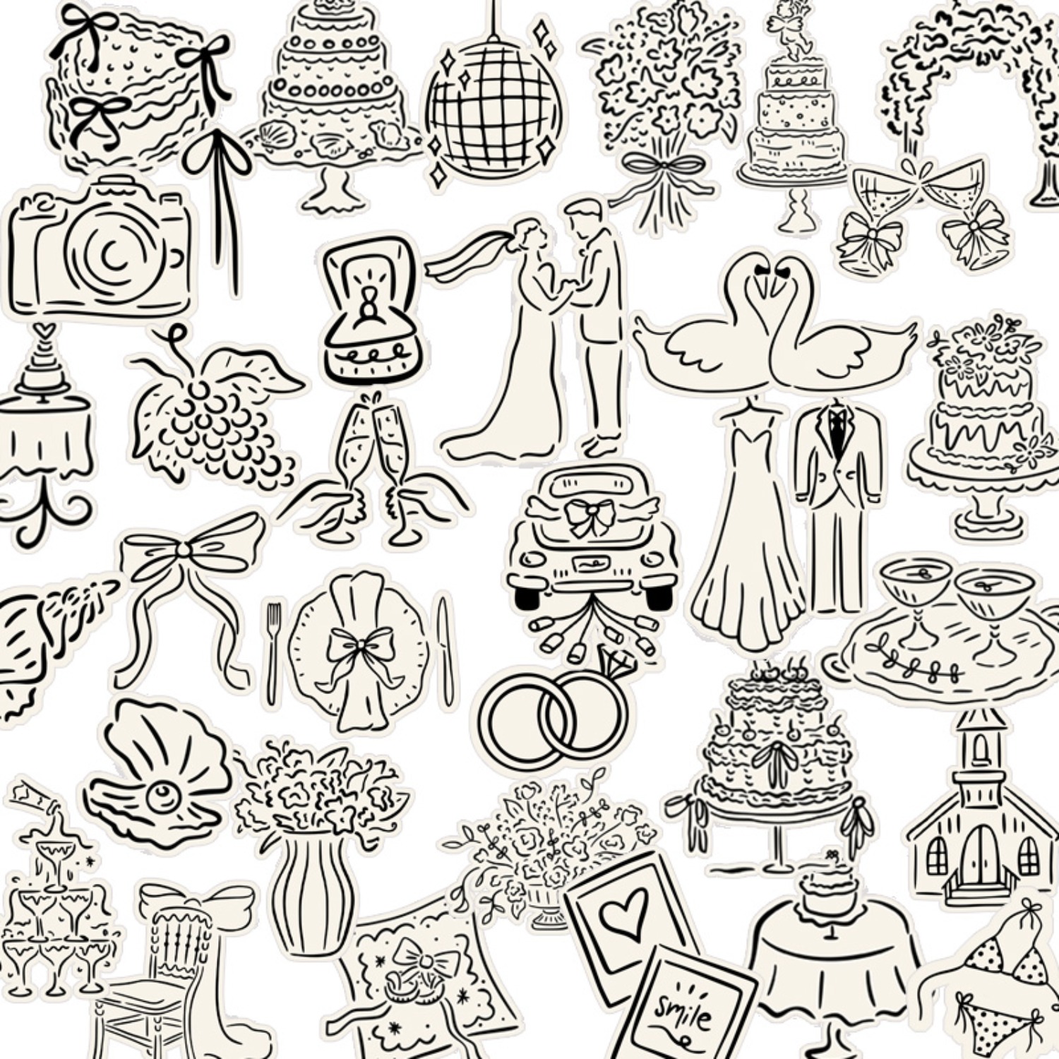 Image of 55pcs Wedding Bulk Stickers Self-adhesive Stickers Seal Decals Black Beige Groom And Bride Cupid Ring Cake Flower Adhesive Labels For Wedding Bride Shower Party Favor Supplies Decoration Stickers