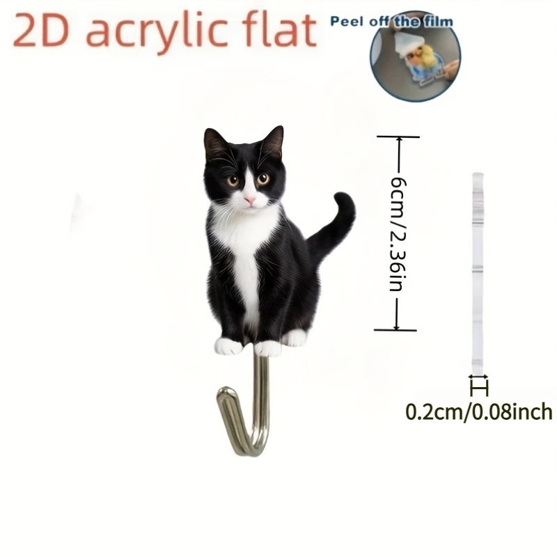 TEMU 2dflat 2pcs Cute Black And White Cat Pattern Acrylic Hooks â No Drilling Required, Strong Adhesive With Marks, Suitable For Behind Doors And