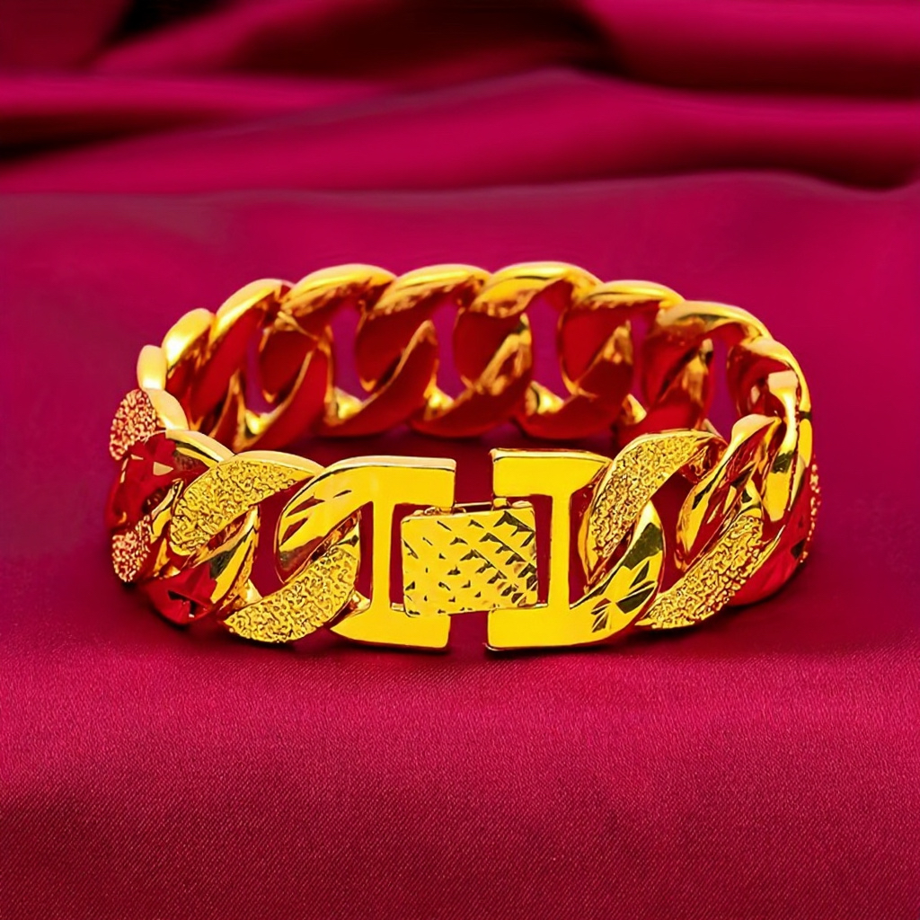 TEMU 15mm Wide Thick Wrist Band Bracelet 2026 , Long-lasting Golden Plated Non-fading Fashionable Elegant Bracelet, Ideal Gift For Birthday