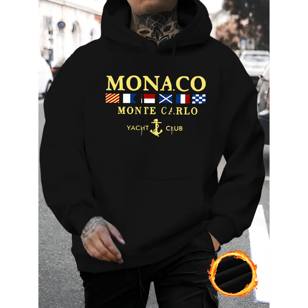 

1pc Kourrter Monaco Yacht Club Geometric-pattern Hoodie, Casual Polyester Knit Fabric With Pocket, Stretch, Regular Fit, Fall/winter Collection