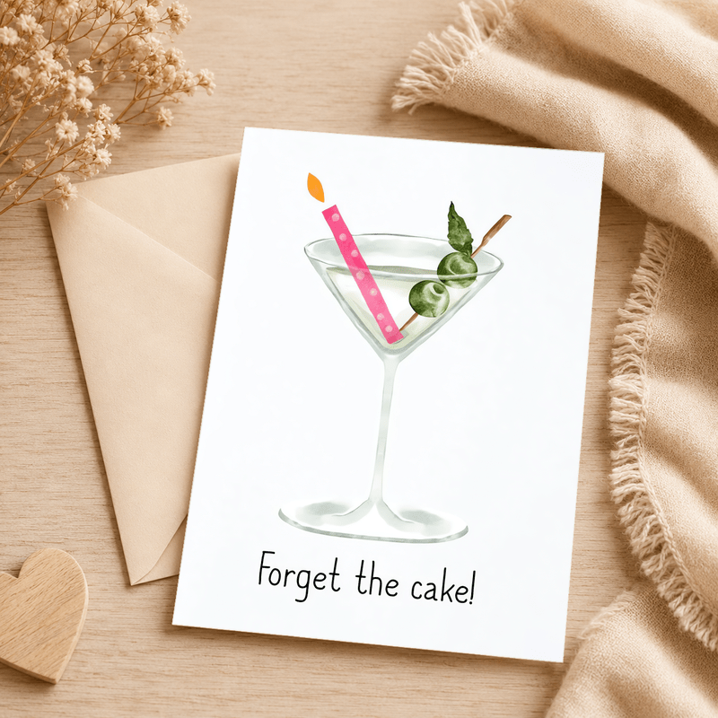 TEMU 1 Greeting Card And 1 Envelope. With A Twist! This Watercolor-style Card Features A Martini Glass With A Lit Candle And Olives, Perfect For
