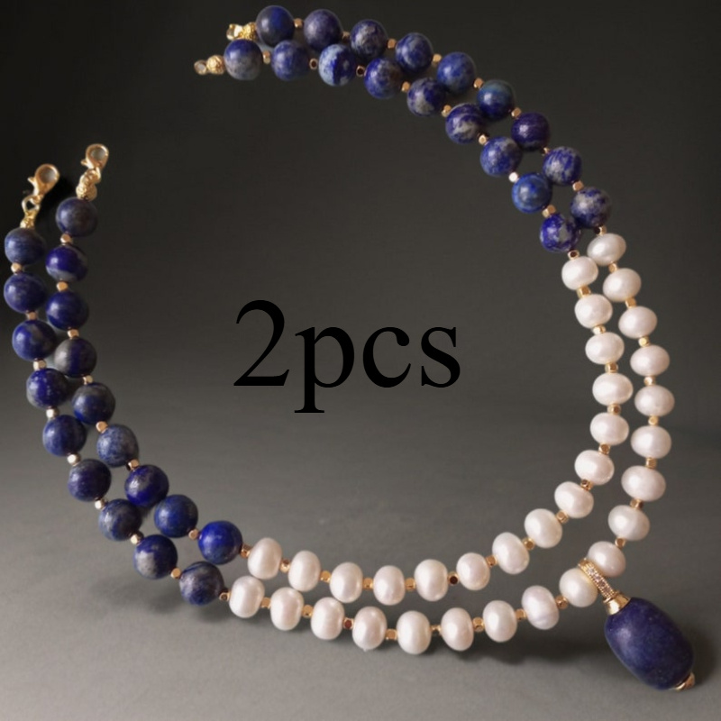 TEMU Unique Handmade Pearl And Lapis Natural Stone Pendant Necklace Anniversary Day Gift
