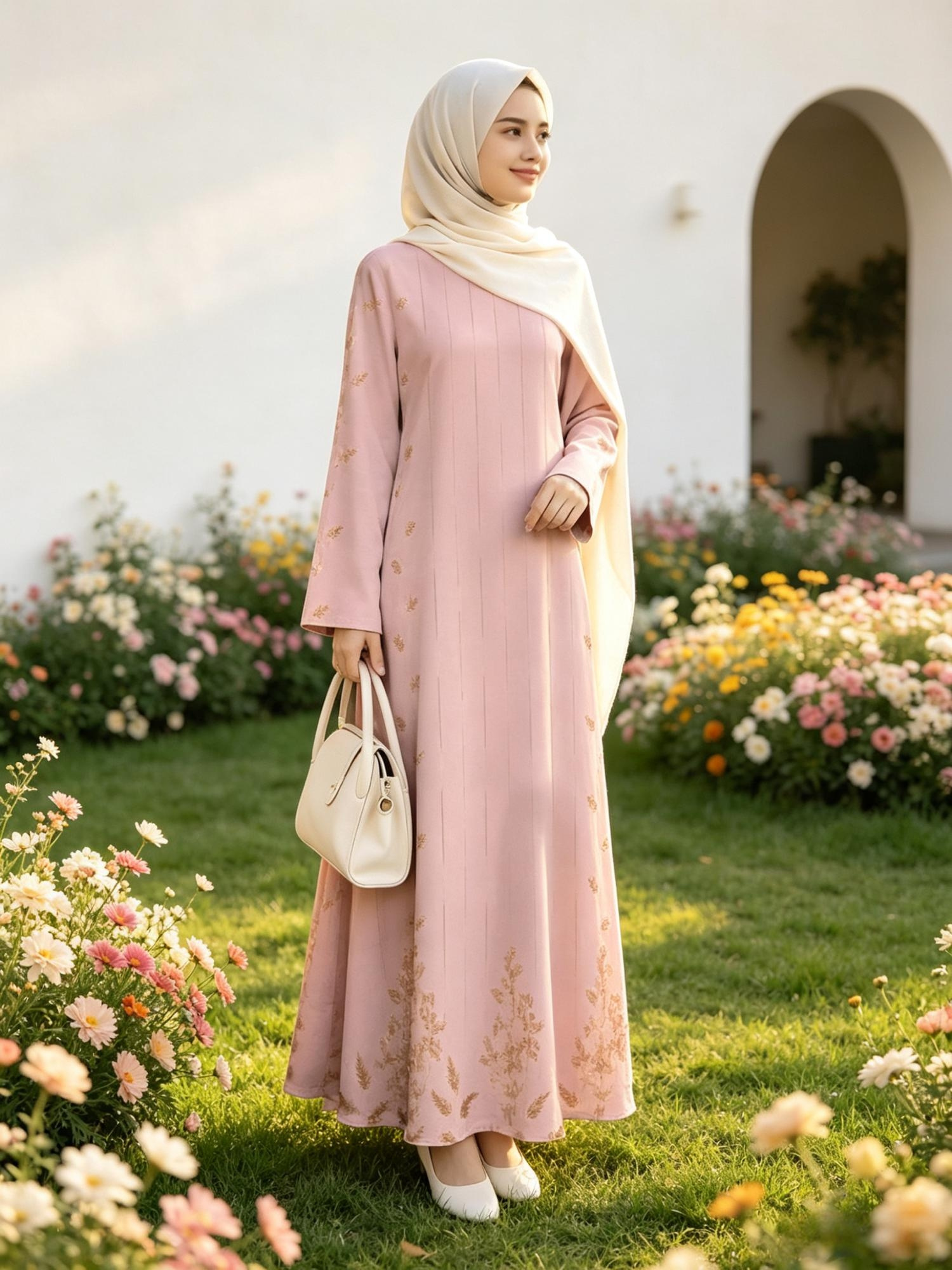 new summer comfortable and breathable muslim womens robe middle eastern traditional   floral pattern print long sleeve design daily   long dress regular fit 137786