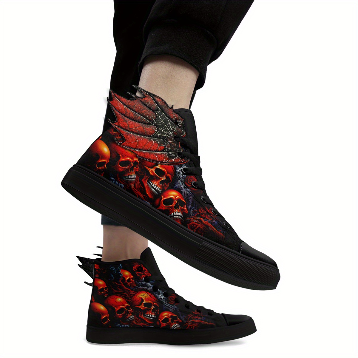 Men's Gothic Skull Wing High-Top Sneakers, 3D Wing Halloween Red Flame Skull Print Design Shoes, Spooky Horror Punk Streetwear Shoes