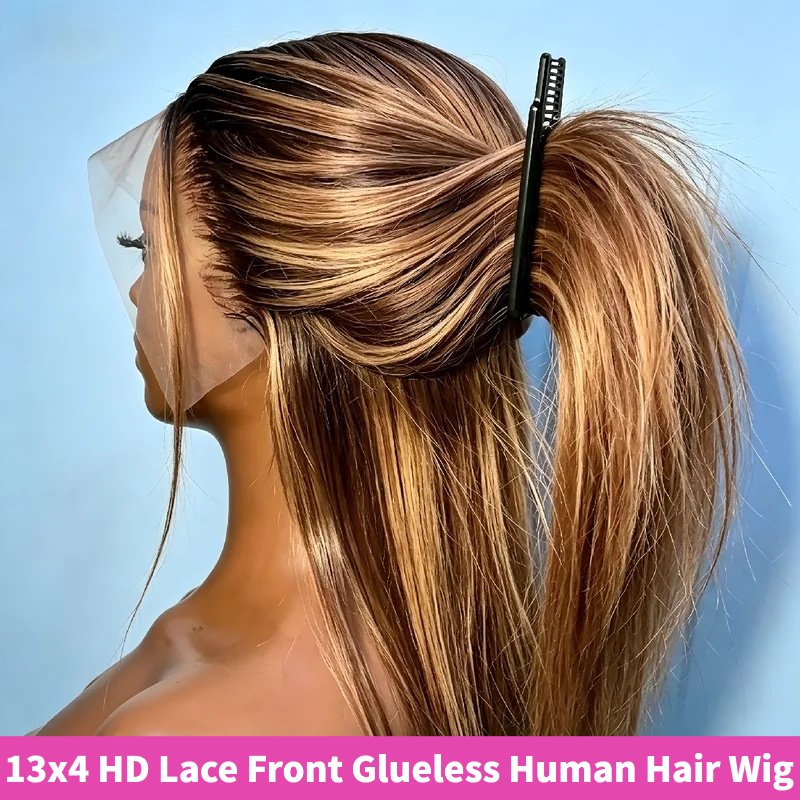 Image of Women' Glueless Hd Transparent Lace Front Wig Suitable For - 13x4 Transparent Lace Base, 200% Density Straight Human Hair Wig With Honey Blonde Highlights, Hairline For Dreadlock & Braids Systems