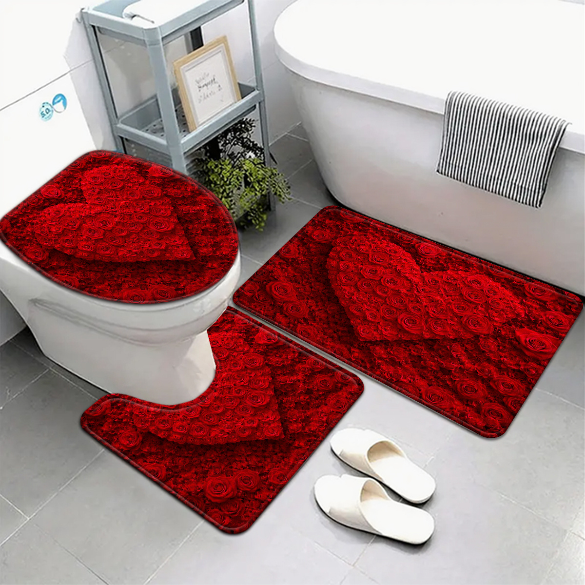 TEMU 3pcs Red Bathroom Mat Set, Romantic And Aesthetic Style, Includes Toilet Lid Cover And Rug, U-shaped Foot Mat For Bathroom Decor