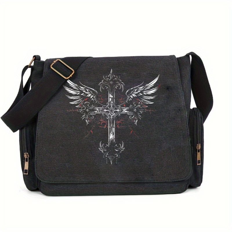 TEMU Large Capacity Shoulder Bag, Flap Retro Tote Crossbody Messenger Bag, Silvery Wings And Cross Print Pattern, Fashionable And , Suitable For ,